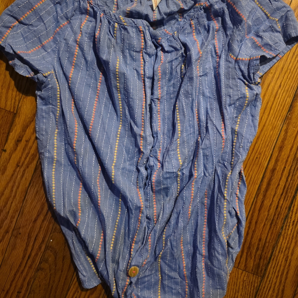 Cat & Jack Blue Short-Sleeve Button Front Top with Multicolor Stripes